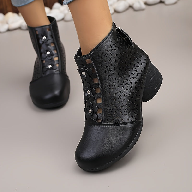 Women Retro Ankle Boots Faux Cover Chunky Heel Zipper Mid-Heel