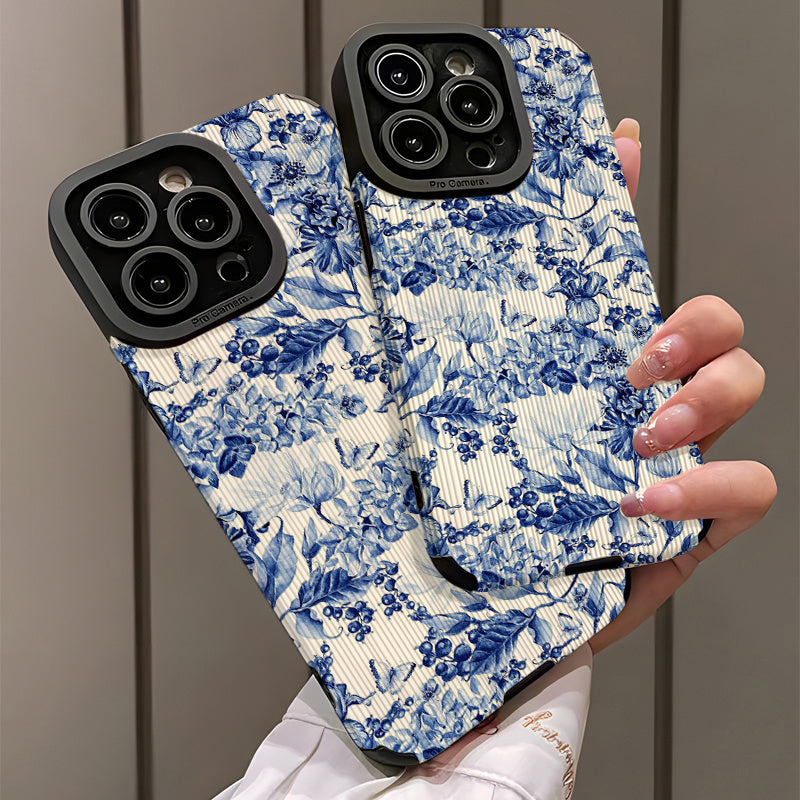 Funda de TPU con diseño floral azul para iPhone 16 Pro Max y otros modelos con cubierta de silicona anticaídas y cuero