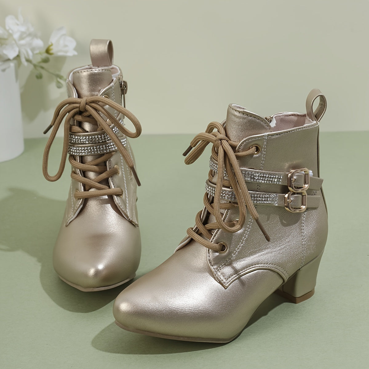 Women's White Ankle Boots with Golden Buckles Side Zipper Chunky Heel