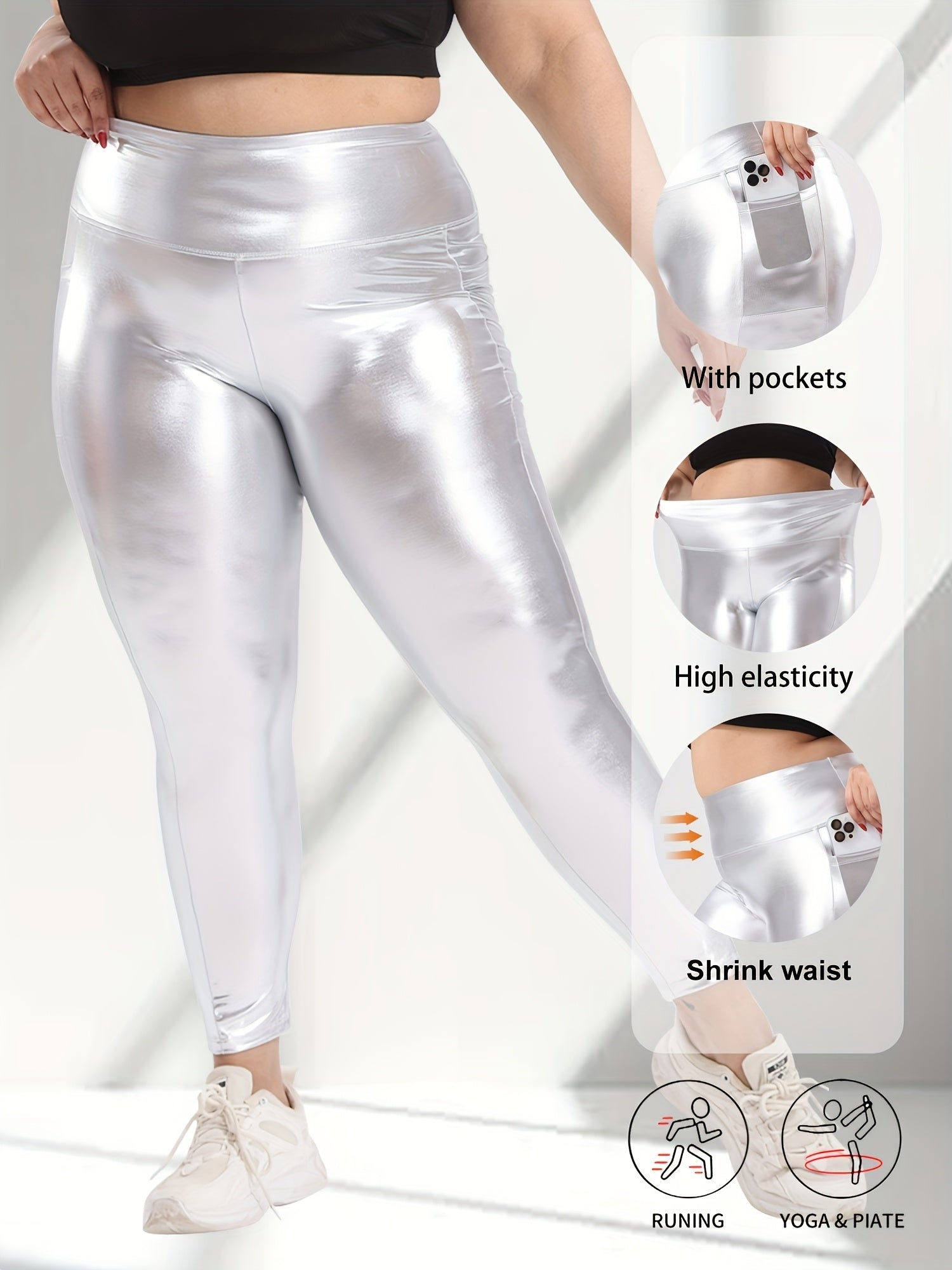 Plus Size Yellow High-Waisted Stretch Leggings 7/8 Yoga Pants With Pockets