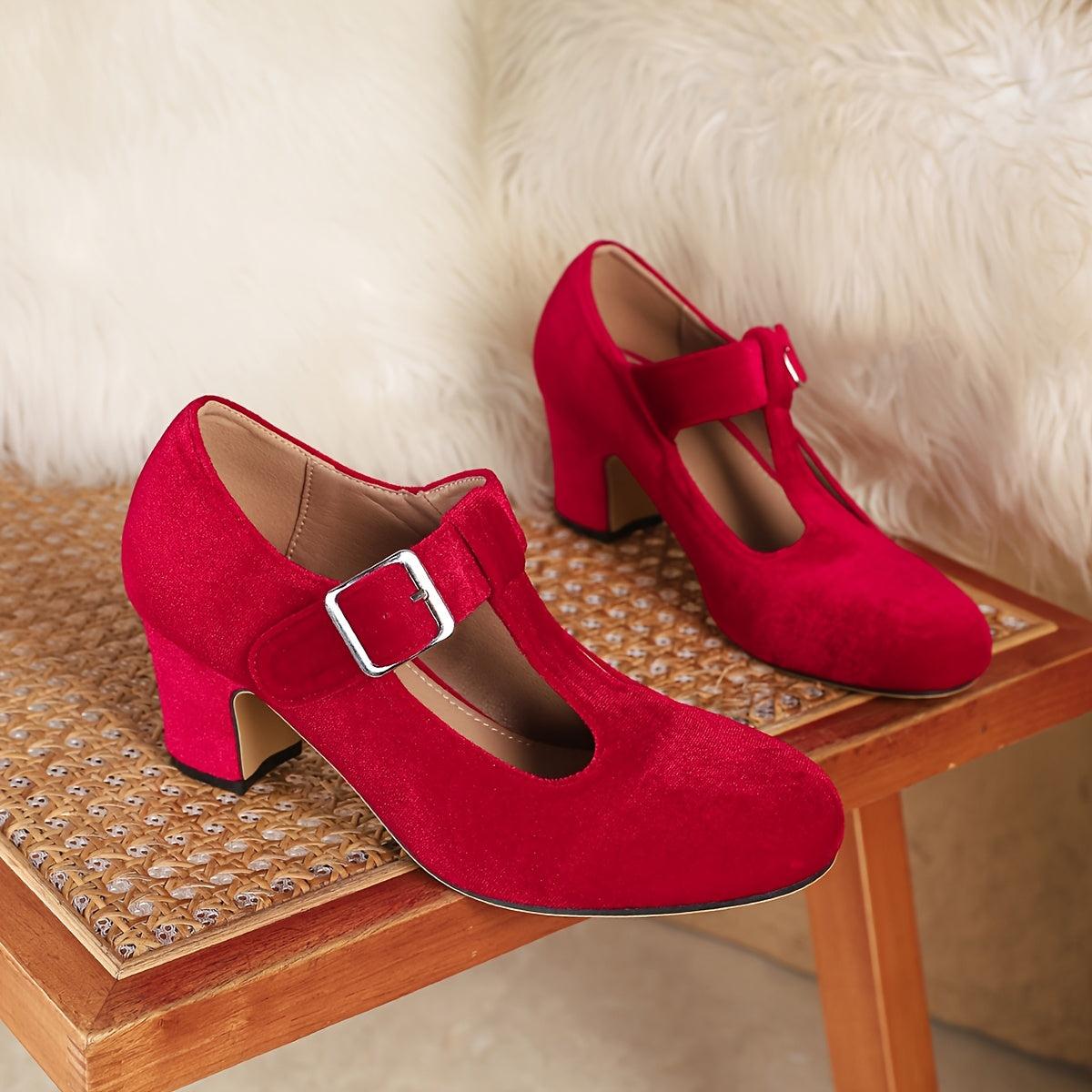 Women's Velvet Mary Jane Pumps with Ankle Strap and Round Toe