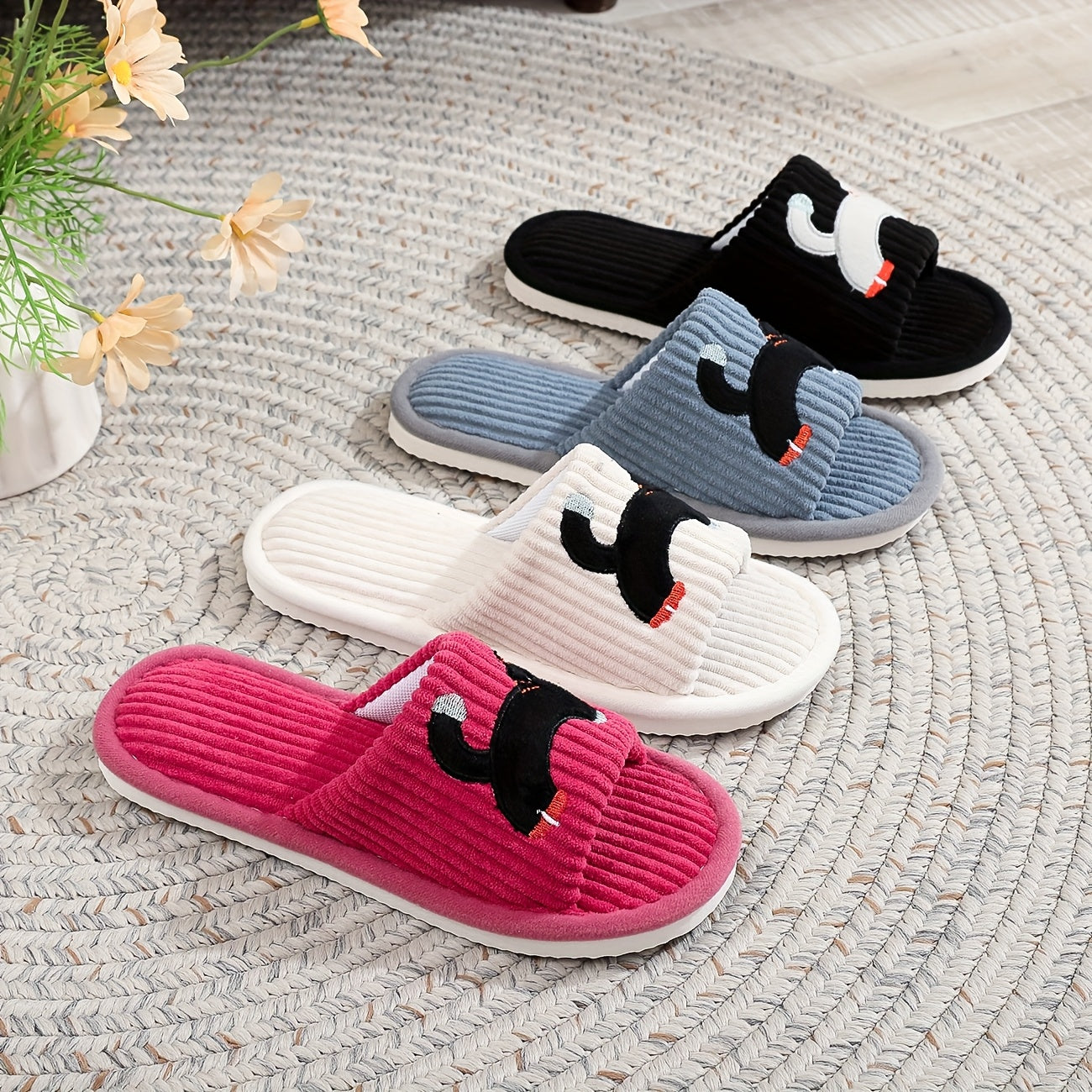 Women's Slip-On Cat Ear Slippers Soft Fabric Indoor Shoes All-Season
