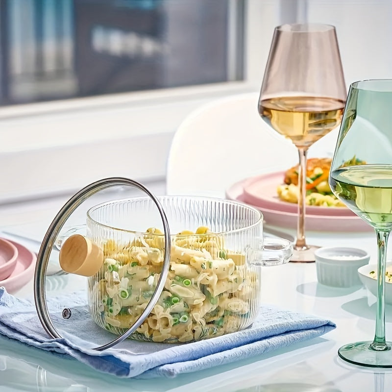 Retro uslubidagi ribbed shisha qozon, katta sig'imli, tekis pastki va issiqqa chidamli borosilikat materialdan - oshxonada sho'rva tayyorlash, sut qaynatish, bolalar ovqatini tayyorlash va makaron pishirish uchun ideal.