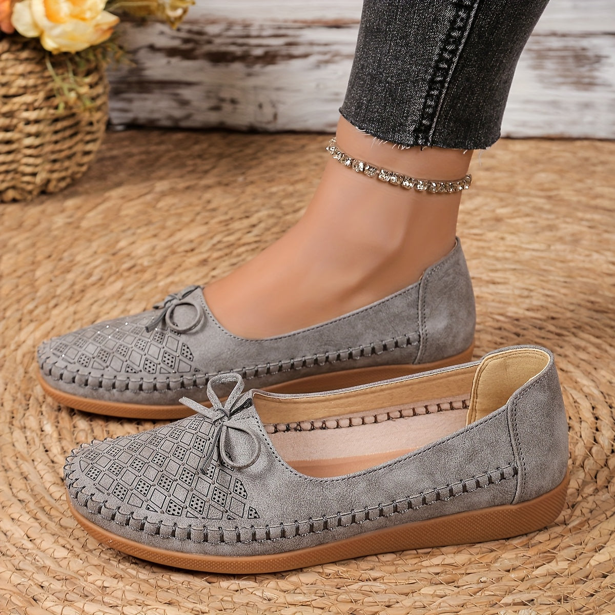 Women's Casual Slip-On Flat Shoes with Bow Pink Geometric Pattern