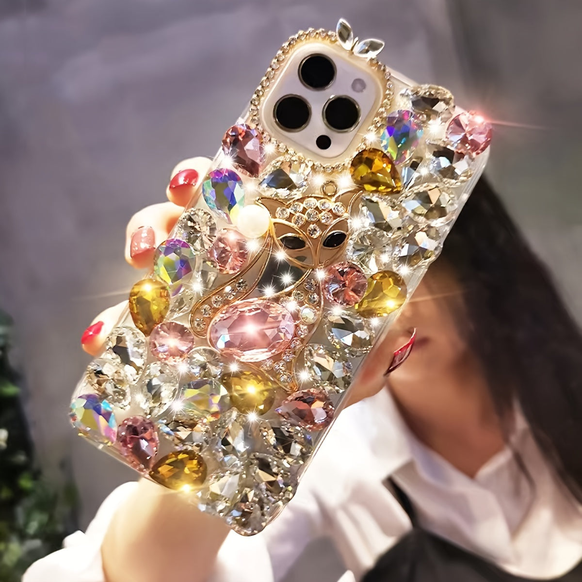 Luxury Pearl Rhinestone Fox Phone Case for iPhone 16 Promax Shockproof Acrylic