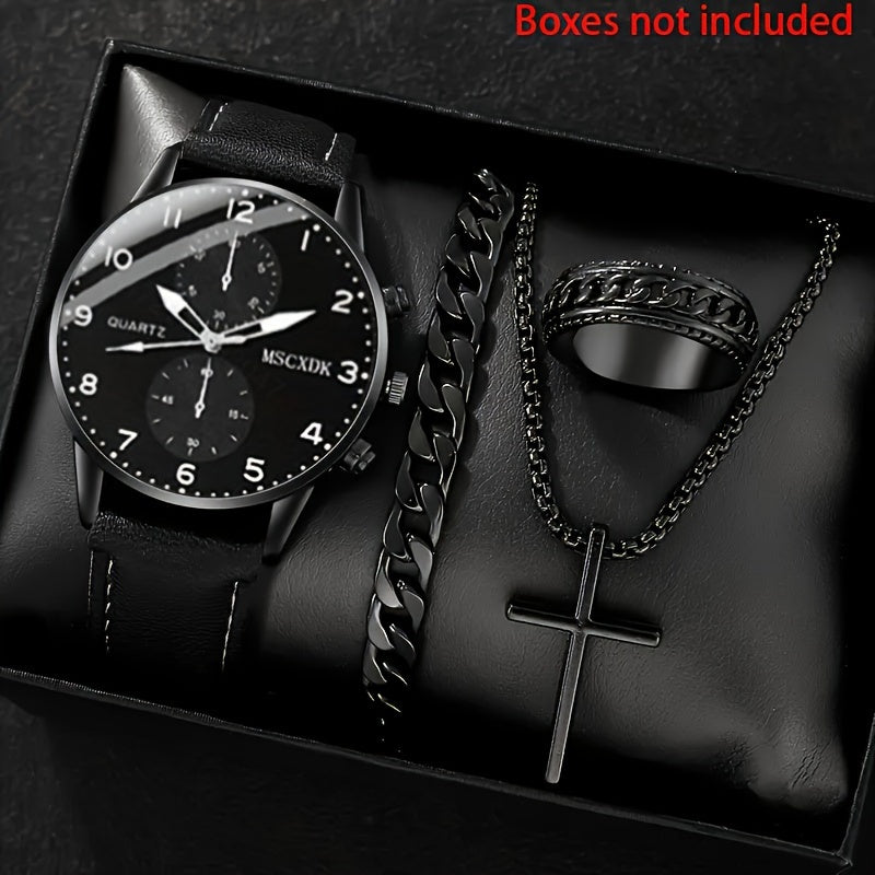 To'rt nafar erkaklar uchun quarts soatlari to'plami, dumaloq alloy korpuslar va faux charm bilan ta'minlangan taqinchalar bilan