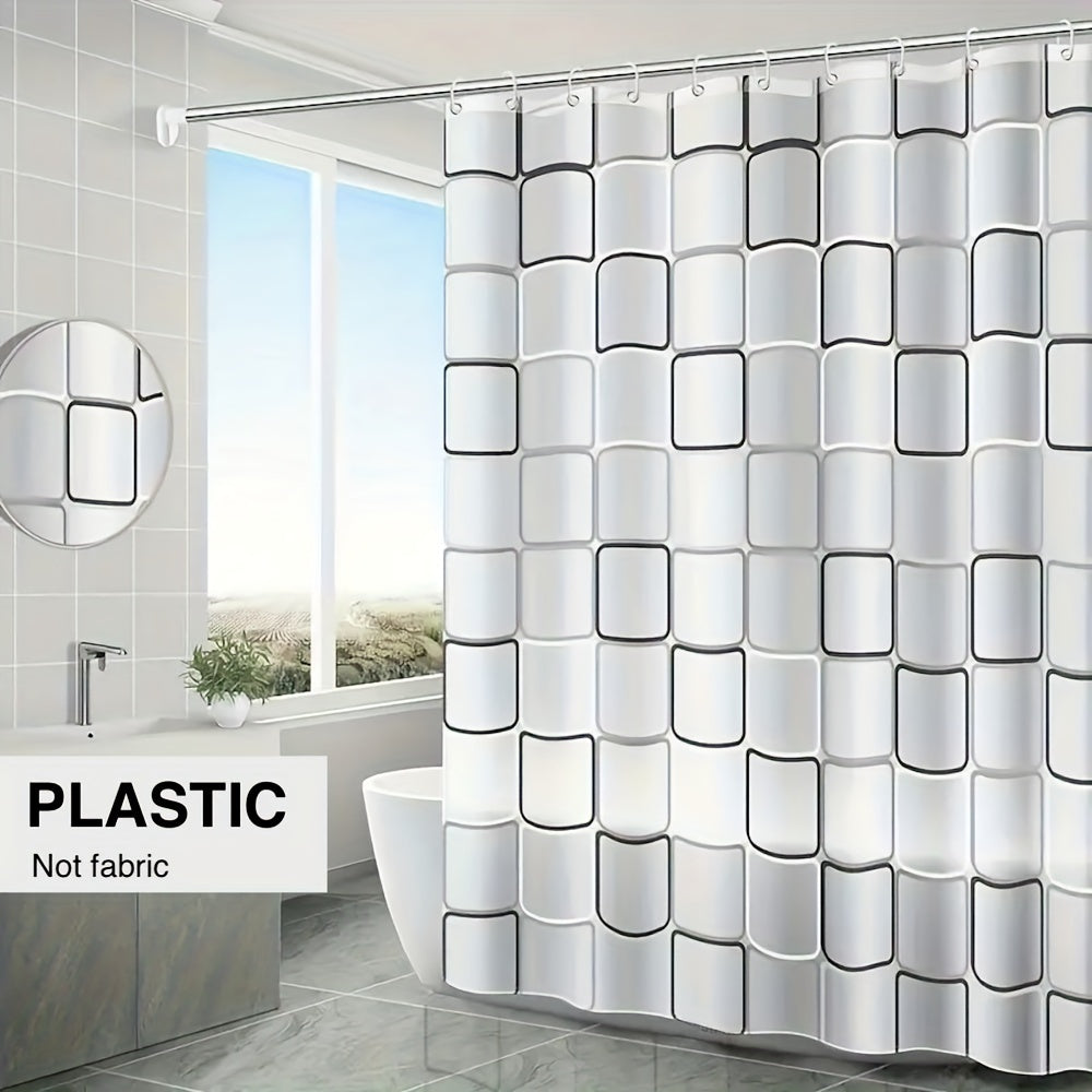 Checkered PEVA Shower Curtain Liner Waterproof Semi-Transparent with Hooks Bathroom Decor