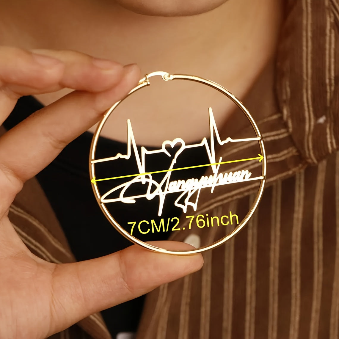 Personalized Heartbeat Earrings Gold-Toned Stainless Steel Hoop 70mm