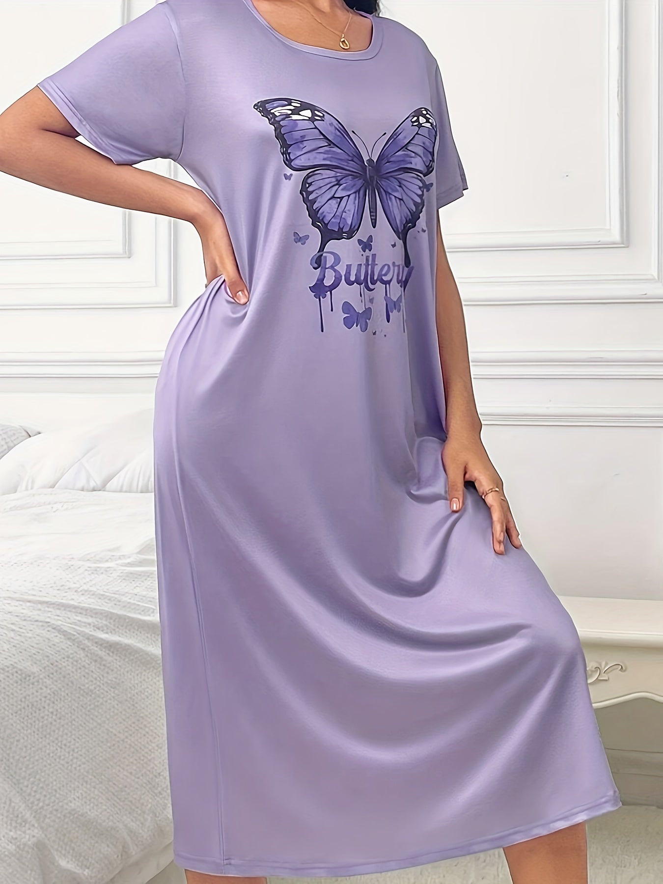 Plus Size Lavender Butterfly Print Sleep Dress Short Sleeve Lounge Nightwear