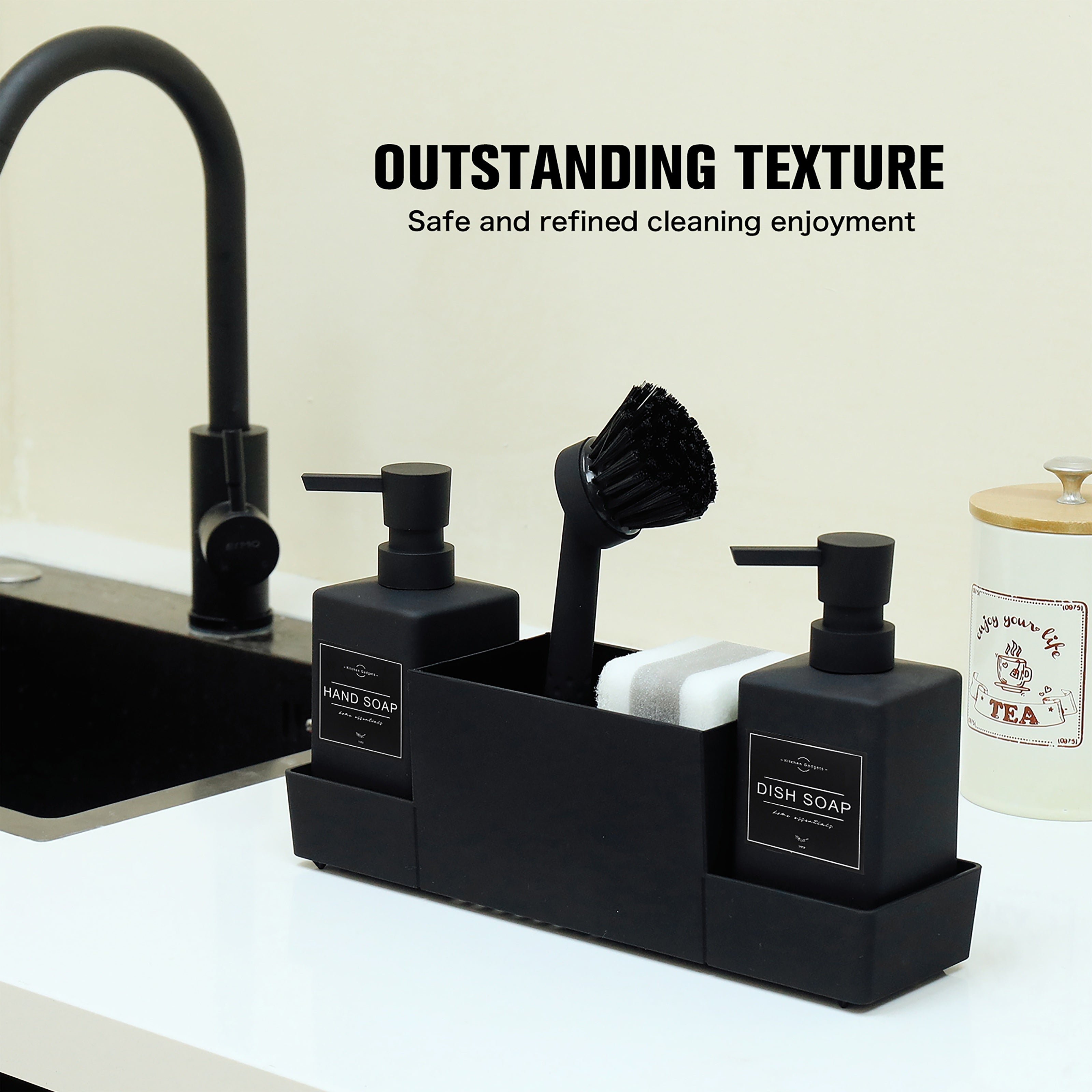 Black Double Soap Dispenser with Sponge Holder and Dish Brush for Kitchen Sink