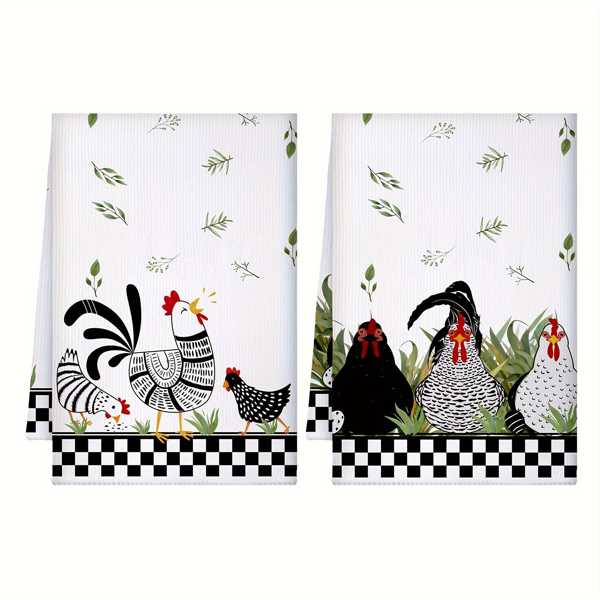 Buffalo Plaid Rooster and Hen Hand Towels for Farmhouse Kitchen Decor
