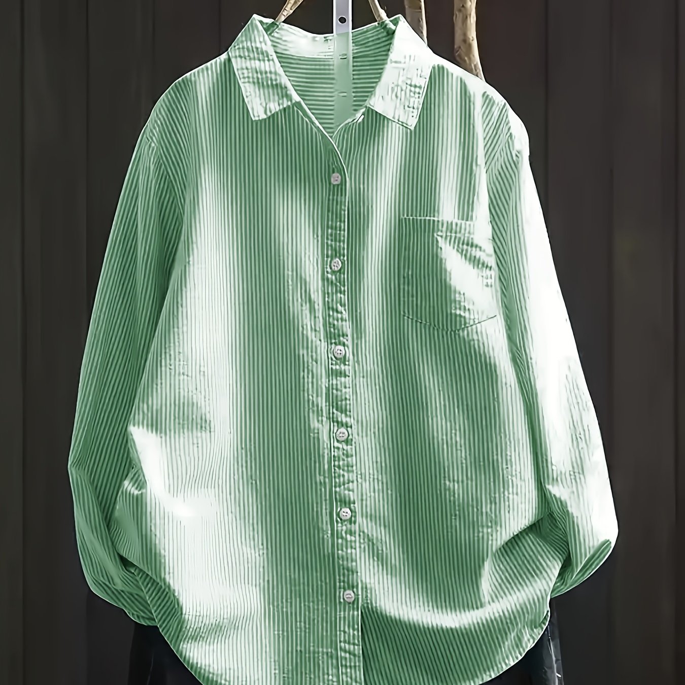Plus Size Women's Striped Loose Fit Shirt Long Sleeve Button-Up Green White Vertical