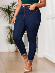 Plus Size Women's High Rise Skinny Jeans with Rolled Button Fly and Medium Stretch Denim