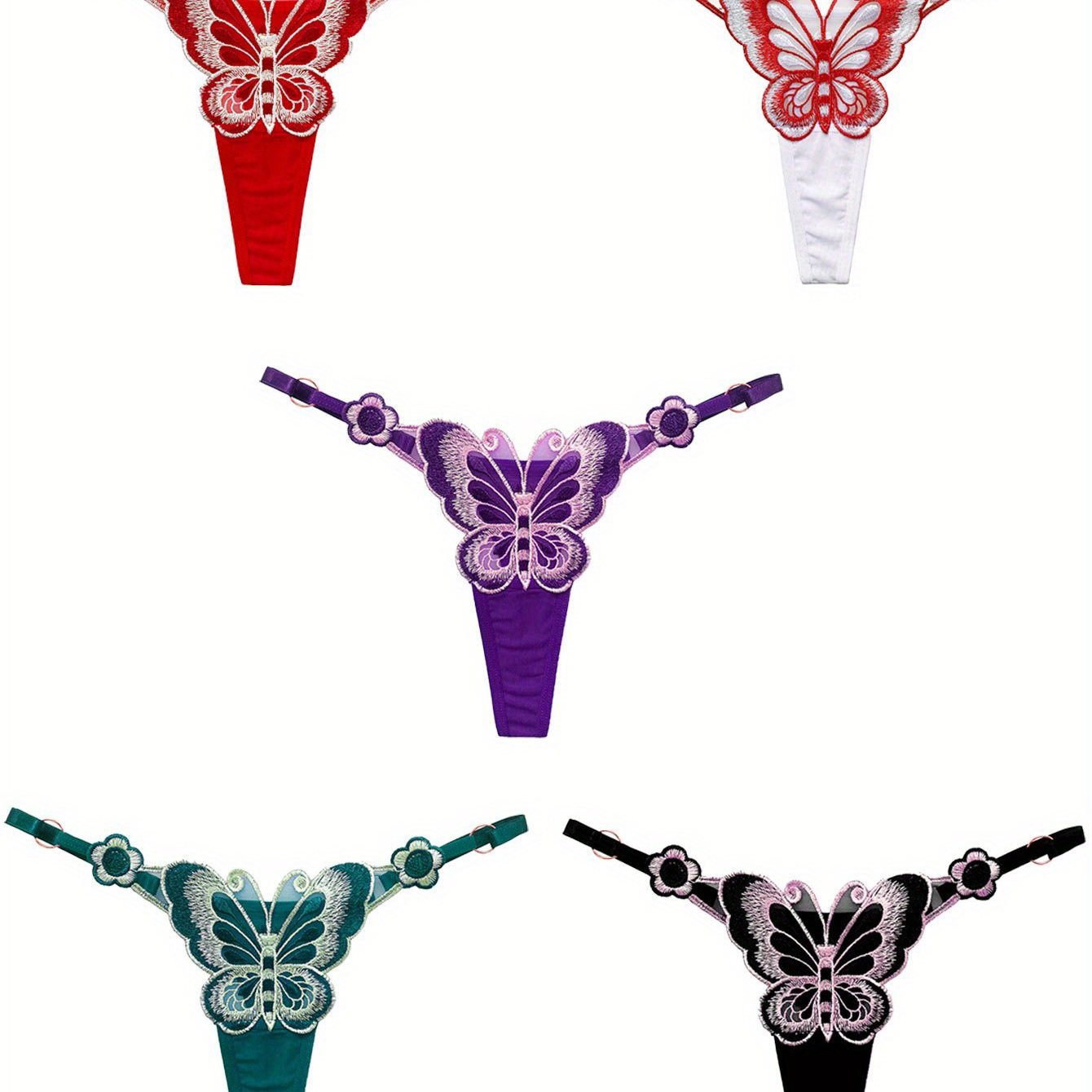 Pack de cinco tangas de mujer con bordado de mariposa, estilo V-String, ajustables, de punto de nylon y lencería