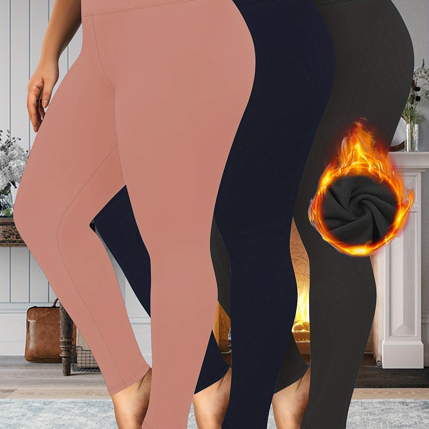 Leggings de talla grande para mujer con cintura alta y forro de felpa para otoño e invierno cálido