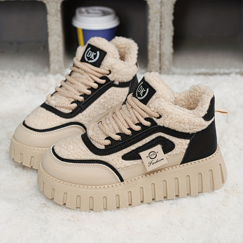 Women's Winter Snow Boots Beige Black Platform Traction Lace-Up Ankle Waterproof