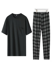 Men's Plus Size Loungewear Set Polyester Crew Neck Short Sleeve T-Shirt and Plaid Pants All-Season