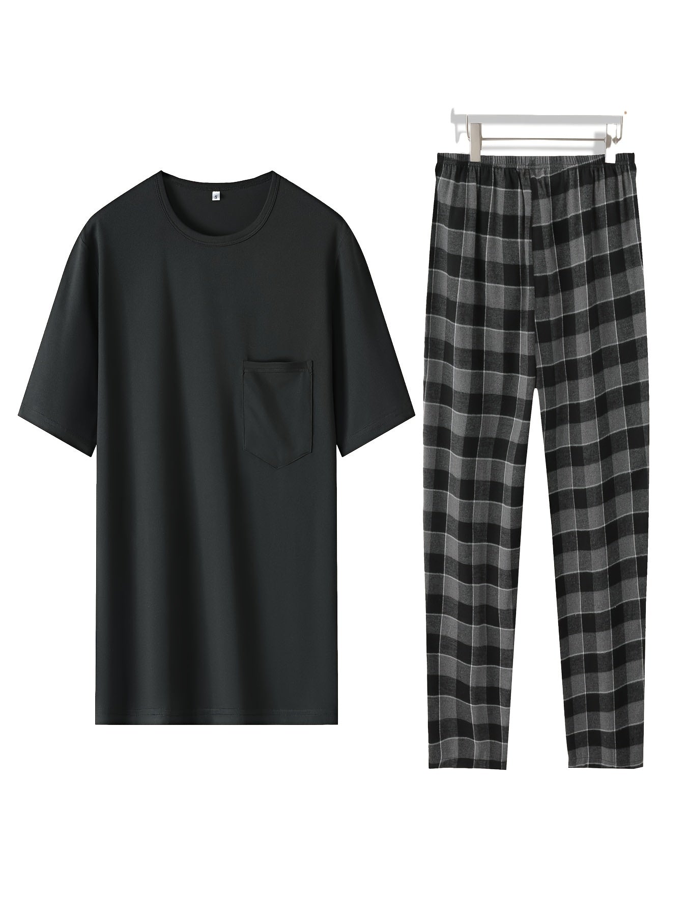 Men's Plus Size Loungewear Set Polyester Crew Neck Short Sleeve T-Shirt and Plaid Pants All-Season