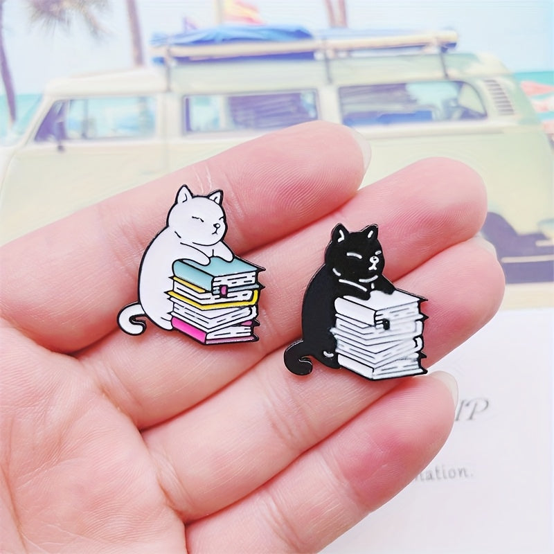 Cute Cartoon Cat Enamel Pins with Books Alloy Animal Brooches for Clothing Accessories