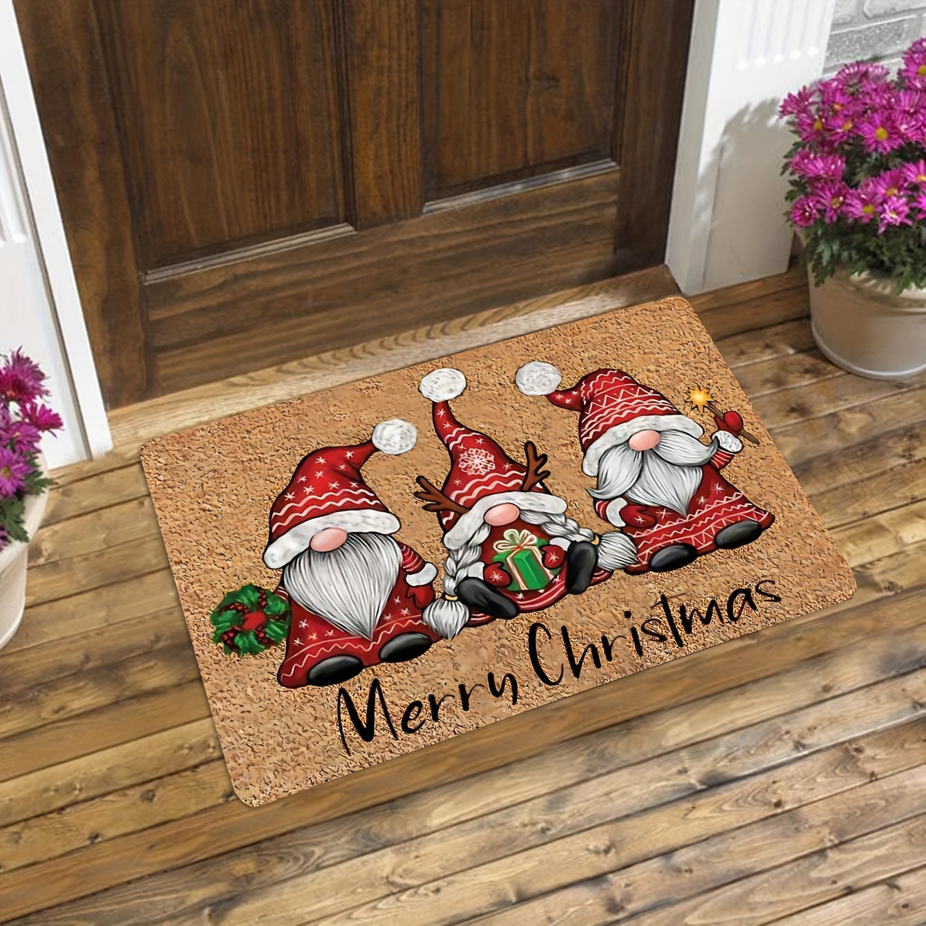 Christmas Gnome Door Mat Durable Polyester Dirt Resistant 1cm Thick