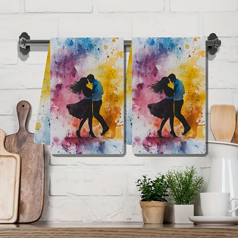 Luxury Ultra Soft Kitchen Towels 2 Pack Dancing Couple Design Watercolor Splash