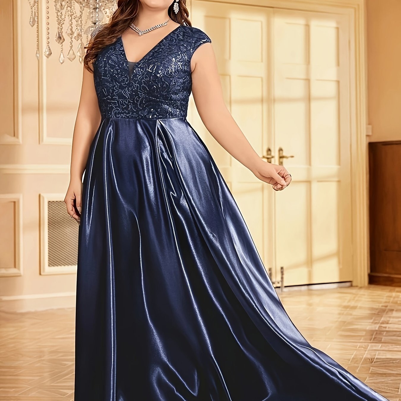 Women’s Sequin Bridesmaid Gown V-Neck Party Dress Plus Size