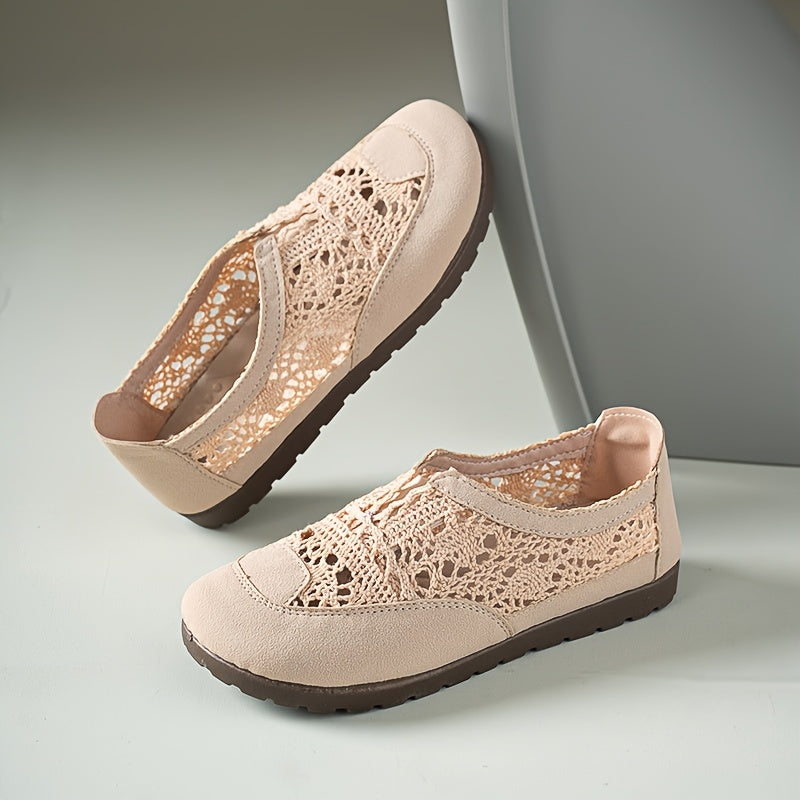 Women's Summer Breathable Lace-Trim Shoes Flat Casual Light Beige