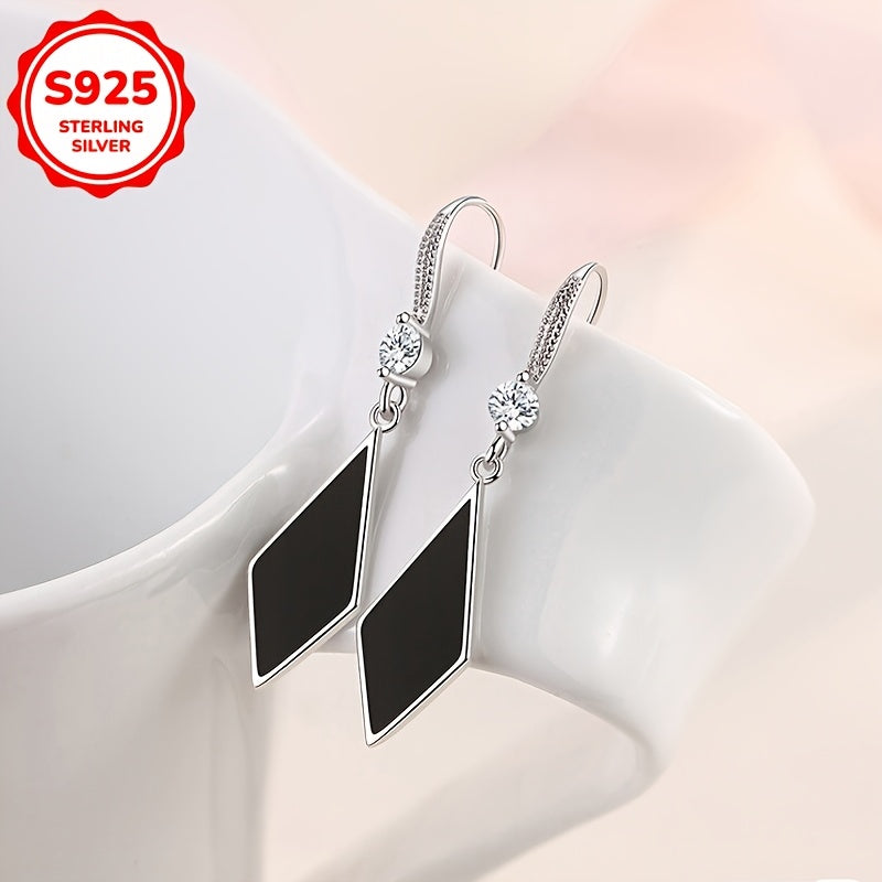 Sterling Silver S925 Dangle Rhombus Drop Earrings with Zirconia Accents for Women