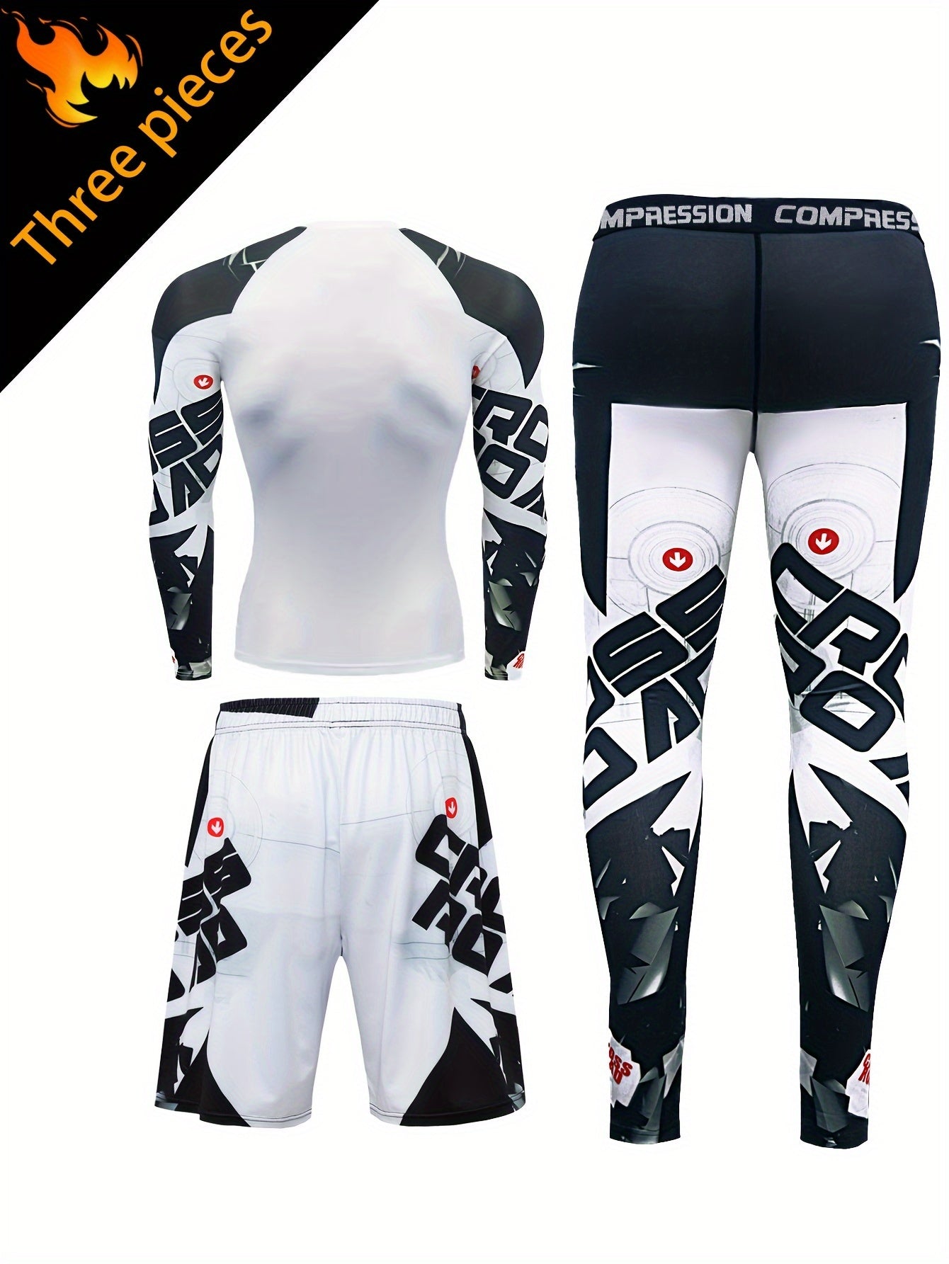 Men's White Camo Compression Sports Set Long Sleeve Top Shorts Fitness Gear