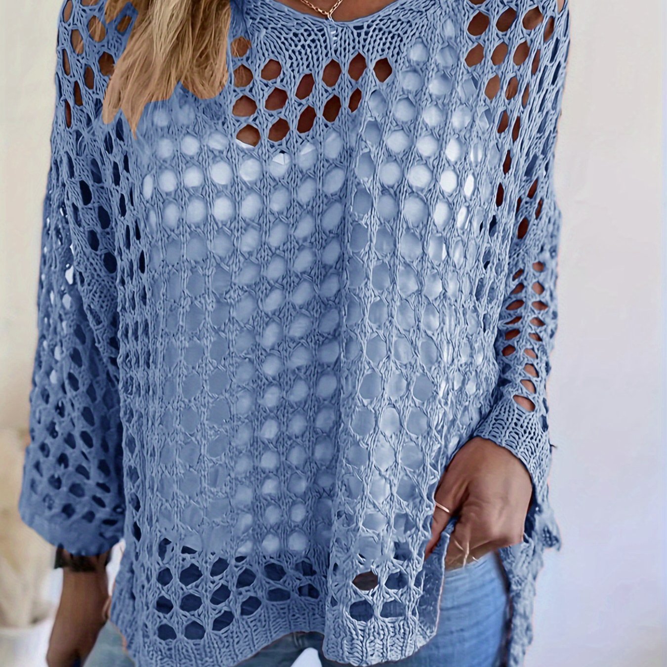 Plus o'lcham ayollar uchun kroşe tığ işi qovg‘a ustki uzun qolli V-shakl bo'yinli yashil