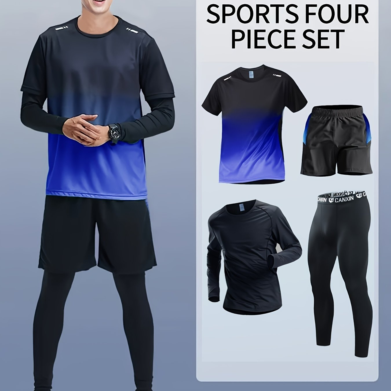 Men's Athletic Set Long Sleeve Tee Shorts Compression Pants Leggings Gradient Colors Breathable High-Elasticity Sports Training