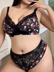 Plus Size Women's Floral Lace Trim Lingerie Set with Mid-Rise Briefs and Medium Support