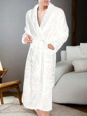 Men's White Fleece Bathrobe with Pockets V-Neck Long Sleeves Belted Kimono Style for Home Spa