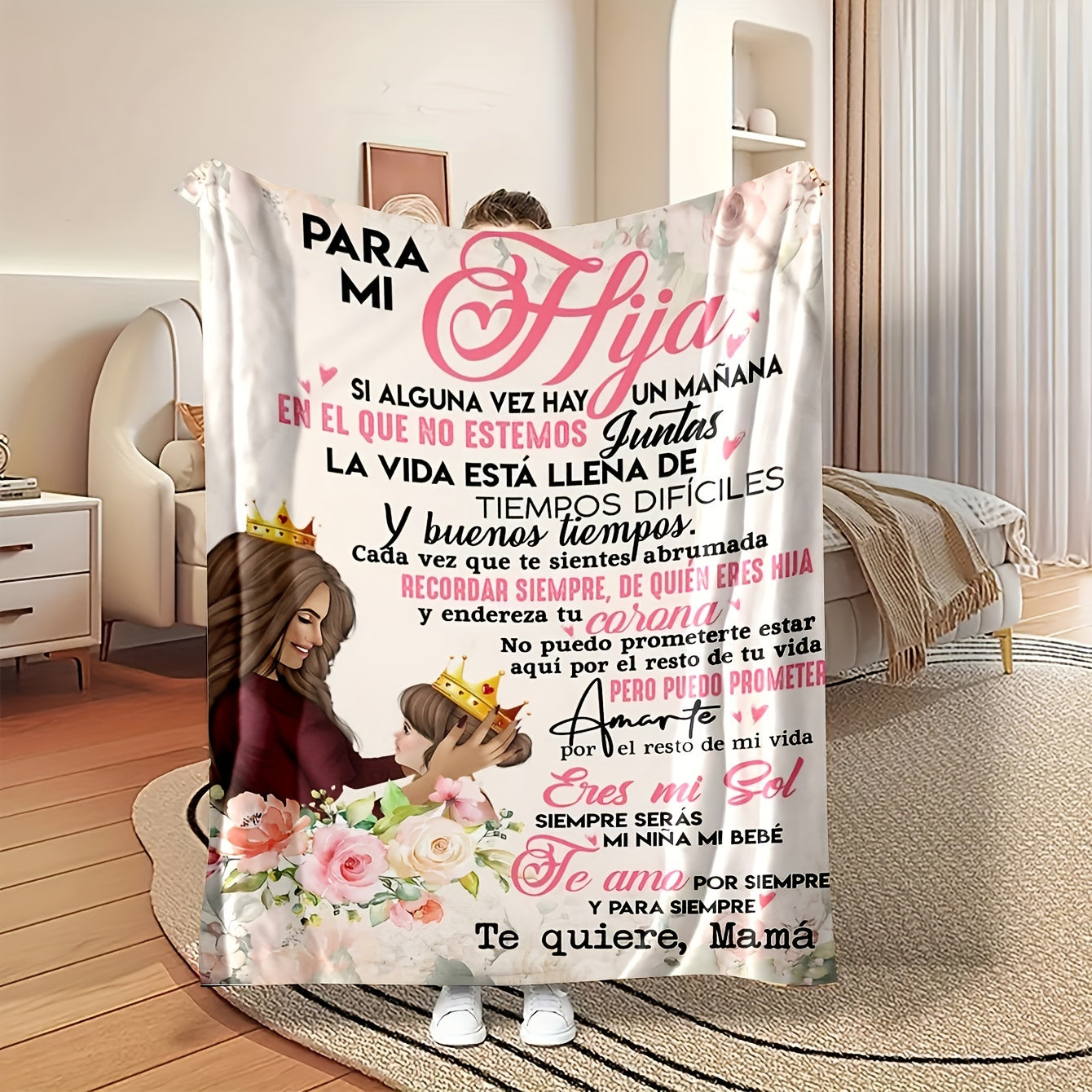 Hypoallergenic Flannel Throw Blanket with Spanish Letter Design for Daughter Durable Cozy Machine Washable All Seasons