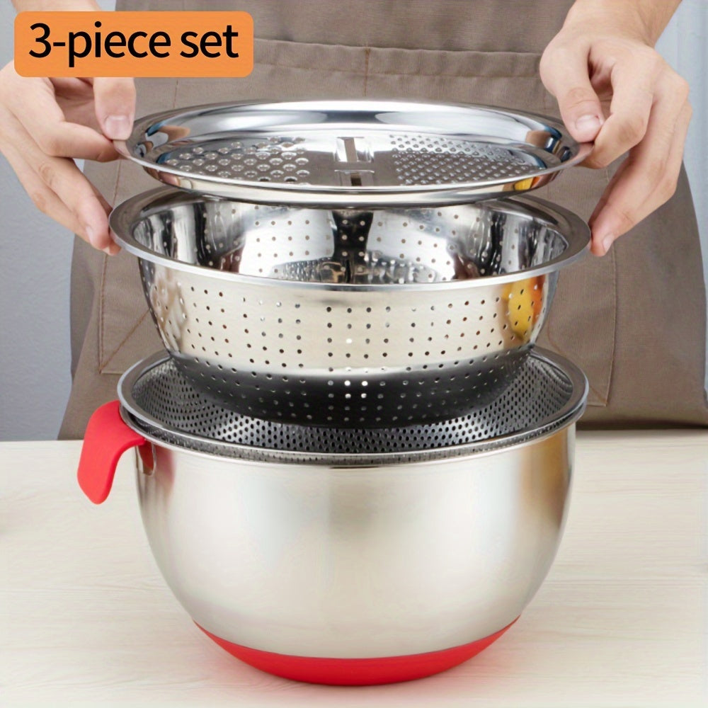 Set of 3 Stainless Steel Food Strainers with Silicone Handles and Measuring Container