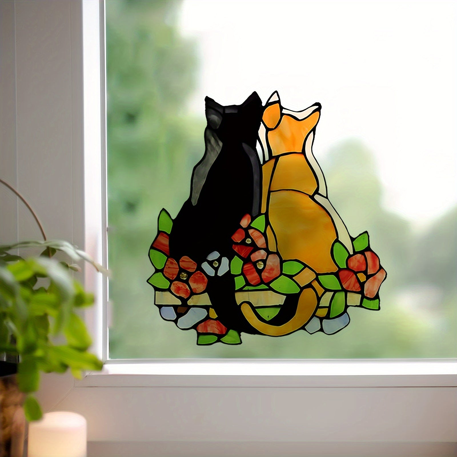 Decorative Stained Glass Window Sticker Black and Orange Cat Flowers 20cm