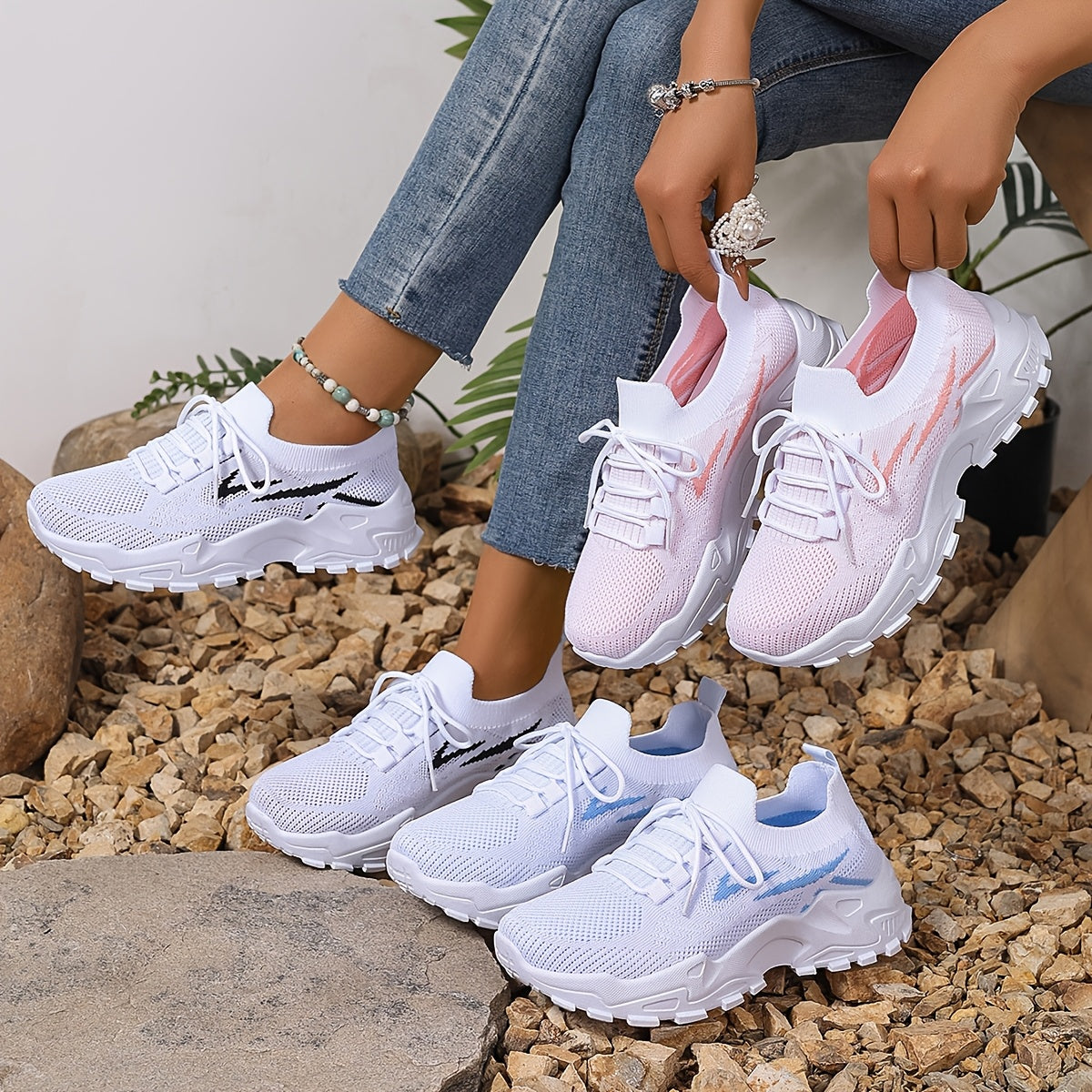 Women's Mesh Sneakers Breathable Lace-Up Running Shoes Lightweight Casual Blue White