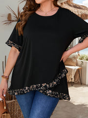 Plus Size Rose Gemstone Floral Print T-Shirt with Asymmetrical Hem
