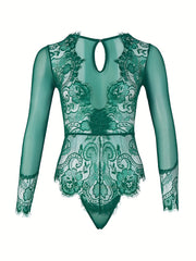 Body de encaje verde para mujer con patrón floral, cuello alto, manga larga, escote en forma de ojal y lencería en la espalda