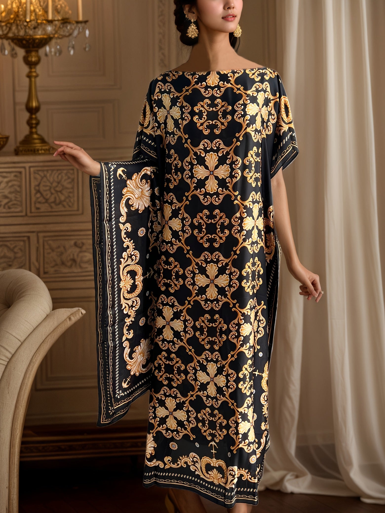 Women's Plus Size Printed Maxi Dress with Scarf, Baroque Design