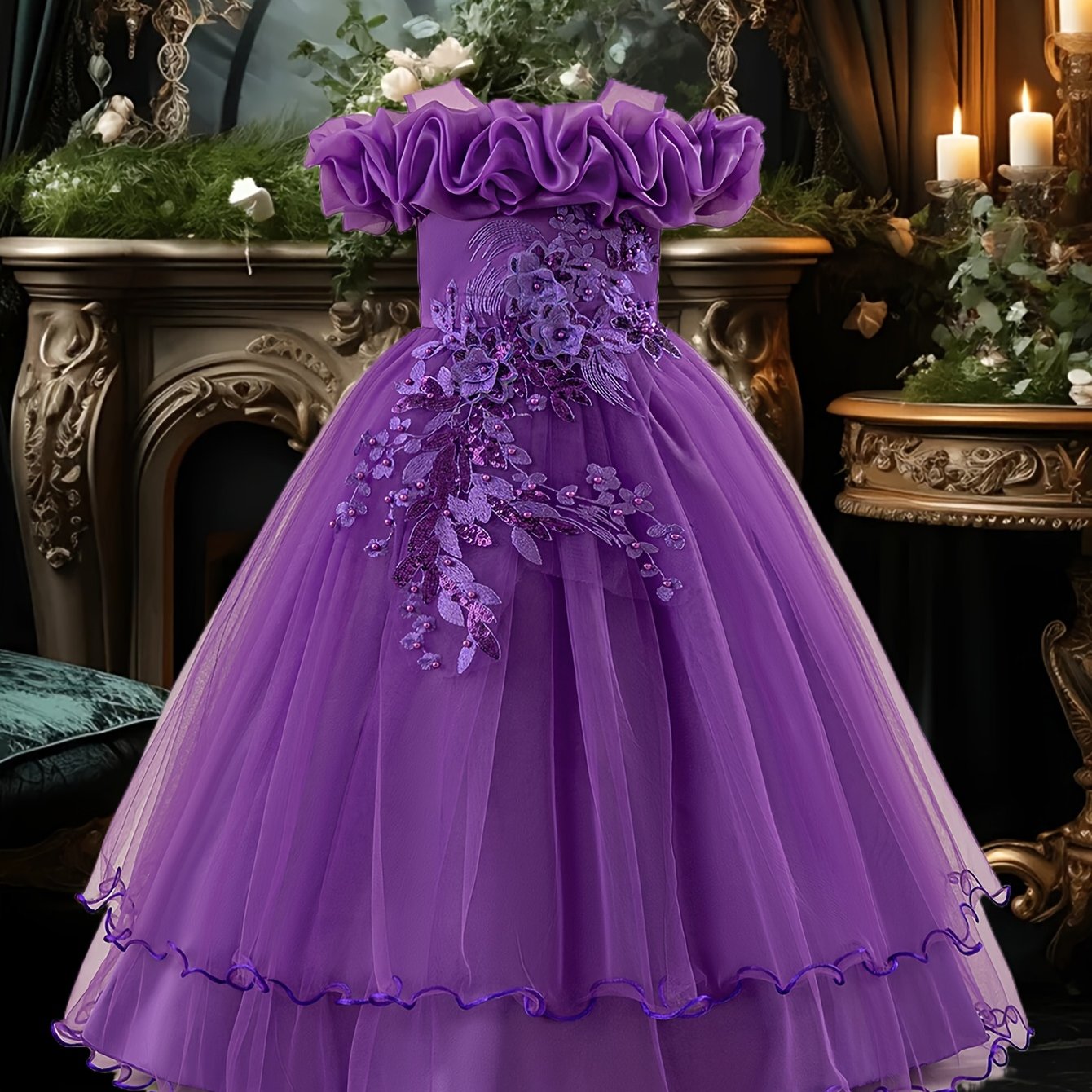 Girls' Long Embroidered Off-Shoulder Princess Dress with Pearl Tassels for Weddings and Parties