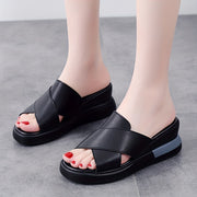 Women's Black Wedge Sandals Slip-On Platform Open Toe Rubber Sole Summer
