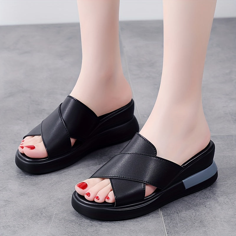 Women's Black Wedge Sandals Slip-On Platform Open Toe Rubber Sole Summer