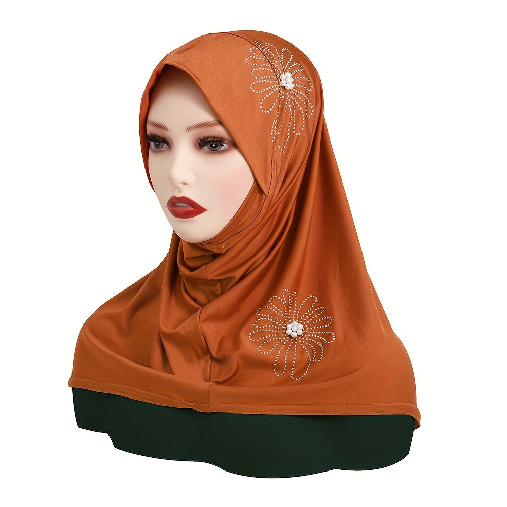 Women's Solid Color Elastic Polyester Hijab with Rhinestone and Pearl Accents