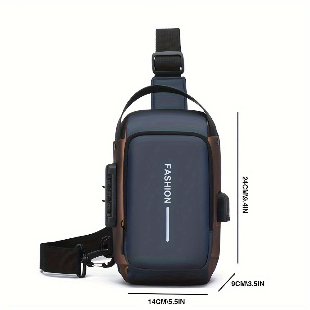 Women's Blue Oxford Fabric Crossbody Bag with Motorcycle Style and Combination Lock Strap