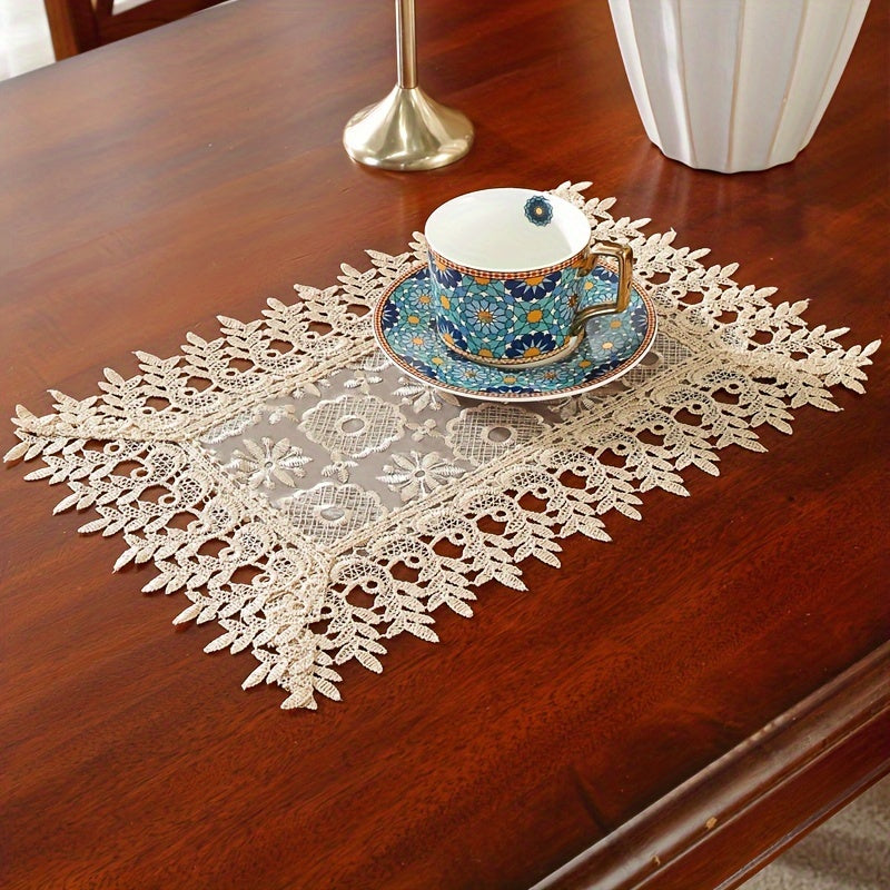 Polyester Table Runner with White Embroidery Flowers and Lace Edge for Dining or Room Decor