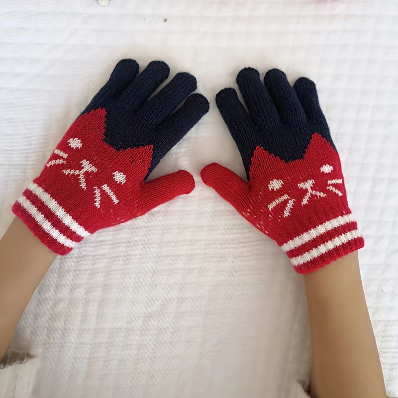 Women's Winter Touch Screen Gloves with Jacquard Cat Design and Warm Polyester