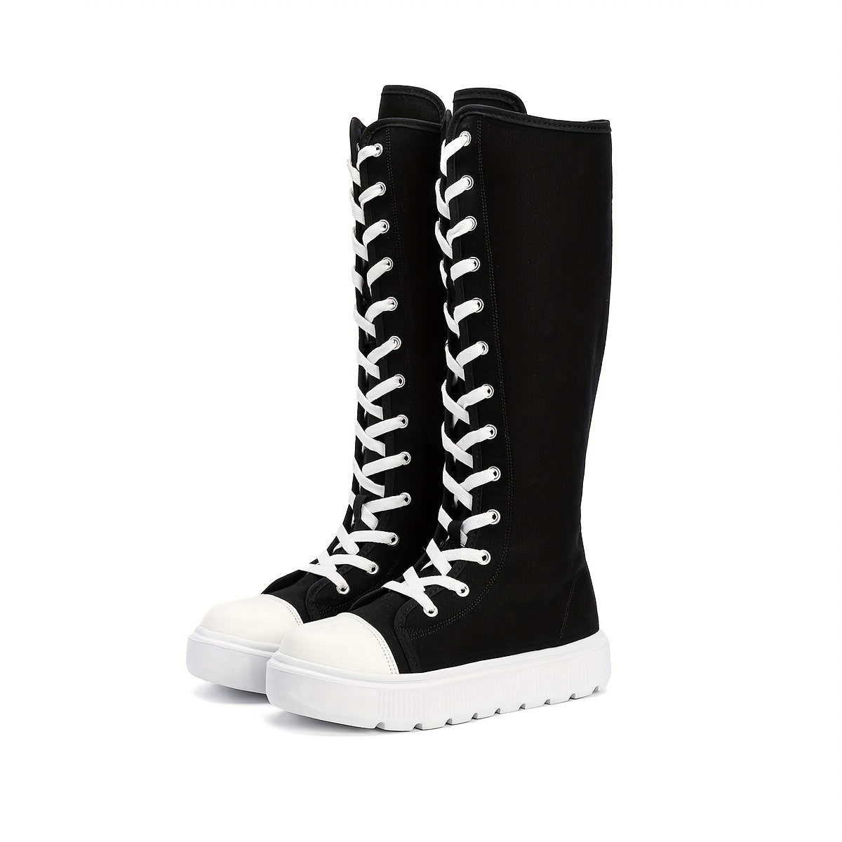 Women's Black Knee-High Lace-Up Leather Boots with Zippers