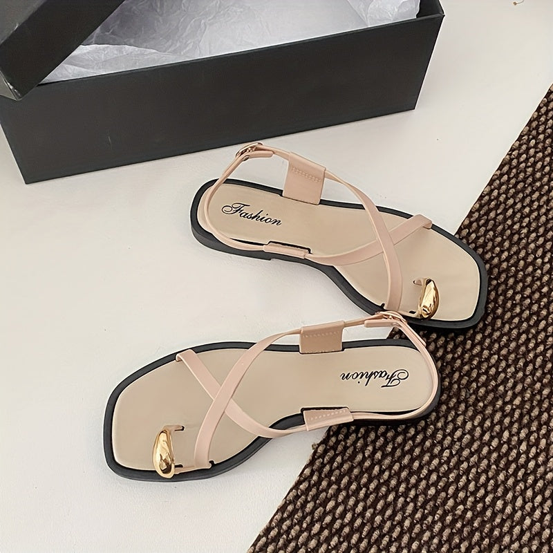 Women's Flat Sandals PVC Adjustable Buckle Beige Black Summer Shoes
