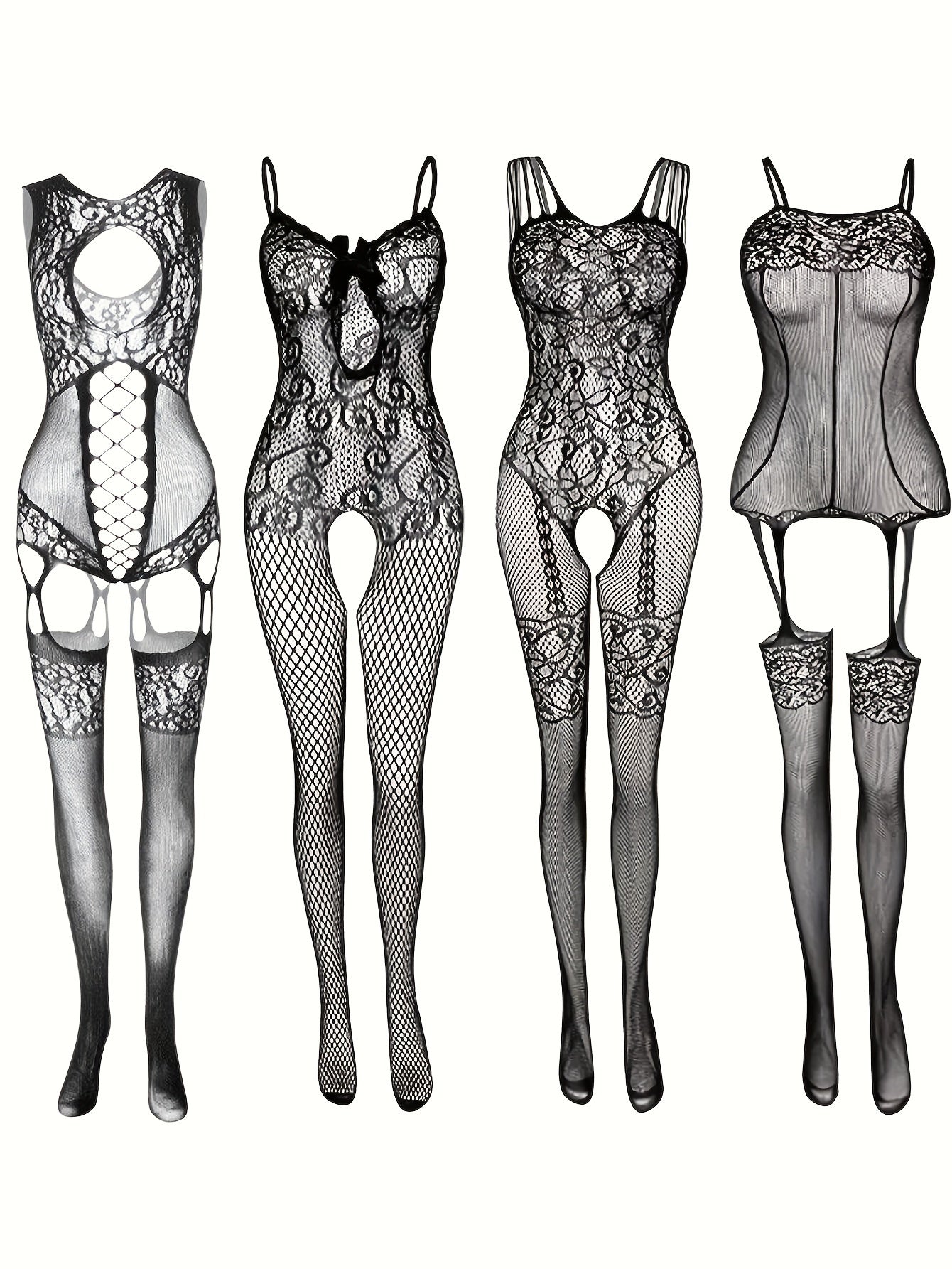 Ayollar uchun Fishnet Bodysuit to'plami, kesmalar bilan shaffof tarmoq ichki kiyim